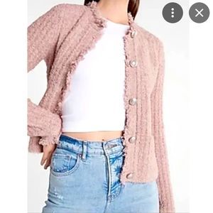 BOUCLE EMBELLISHED BUTTON FRINGE SWEATER JACKET